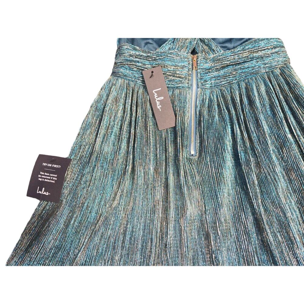 Lulus Women’s Size XS Ailey Gold and Teal Blue Metallic Skater Mini Dress - Picture 7 of 12